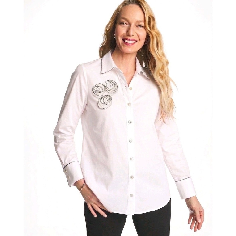 NWT Chico's White Rosette Embellished Button Down Blouse Stretch Sz 1 US 8